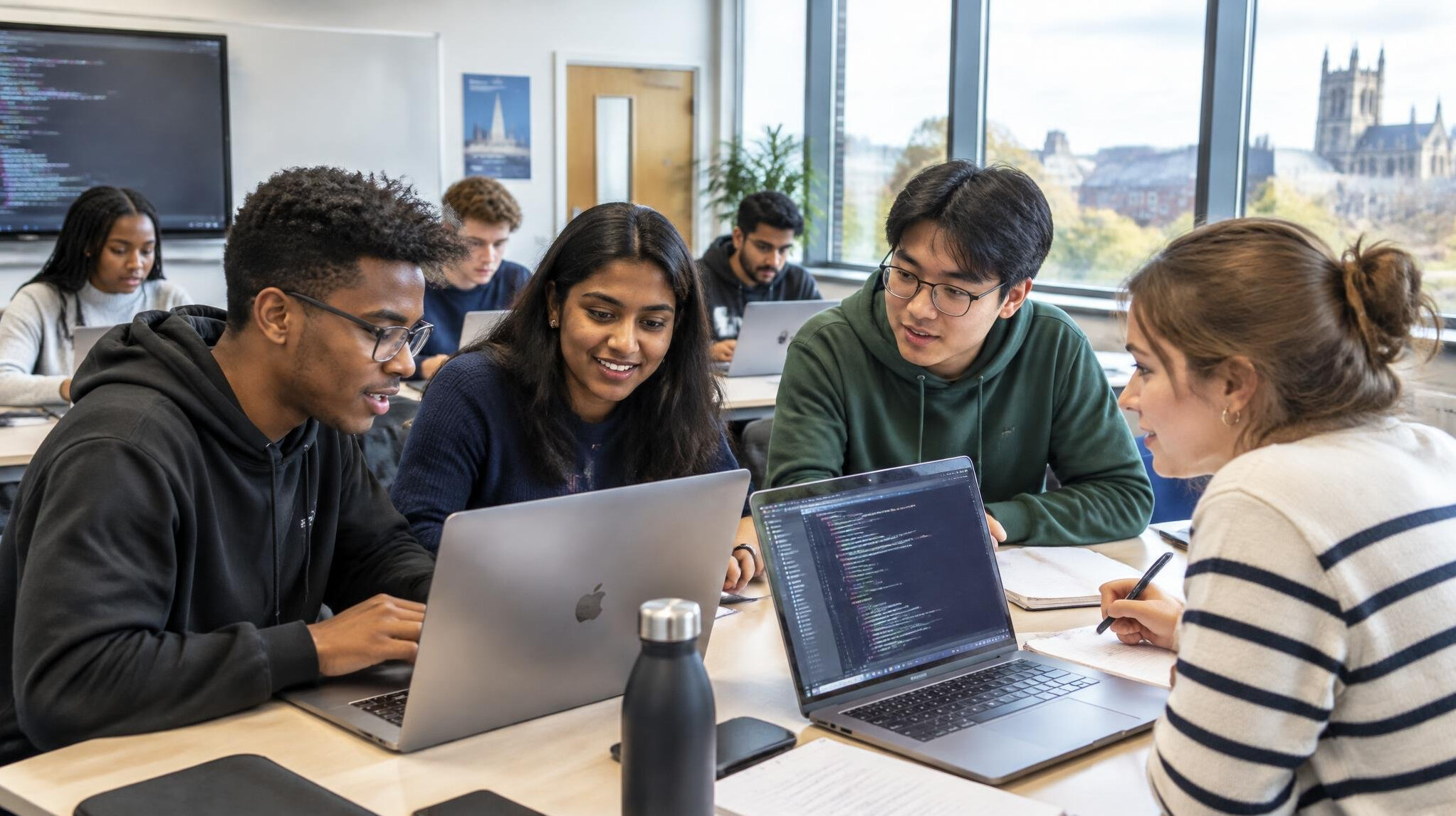 Diverse group of students coding on laptops in a bright classroom