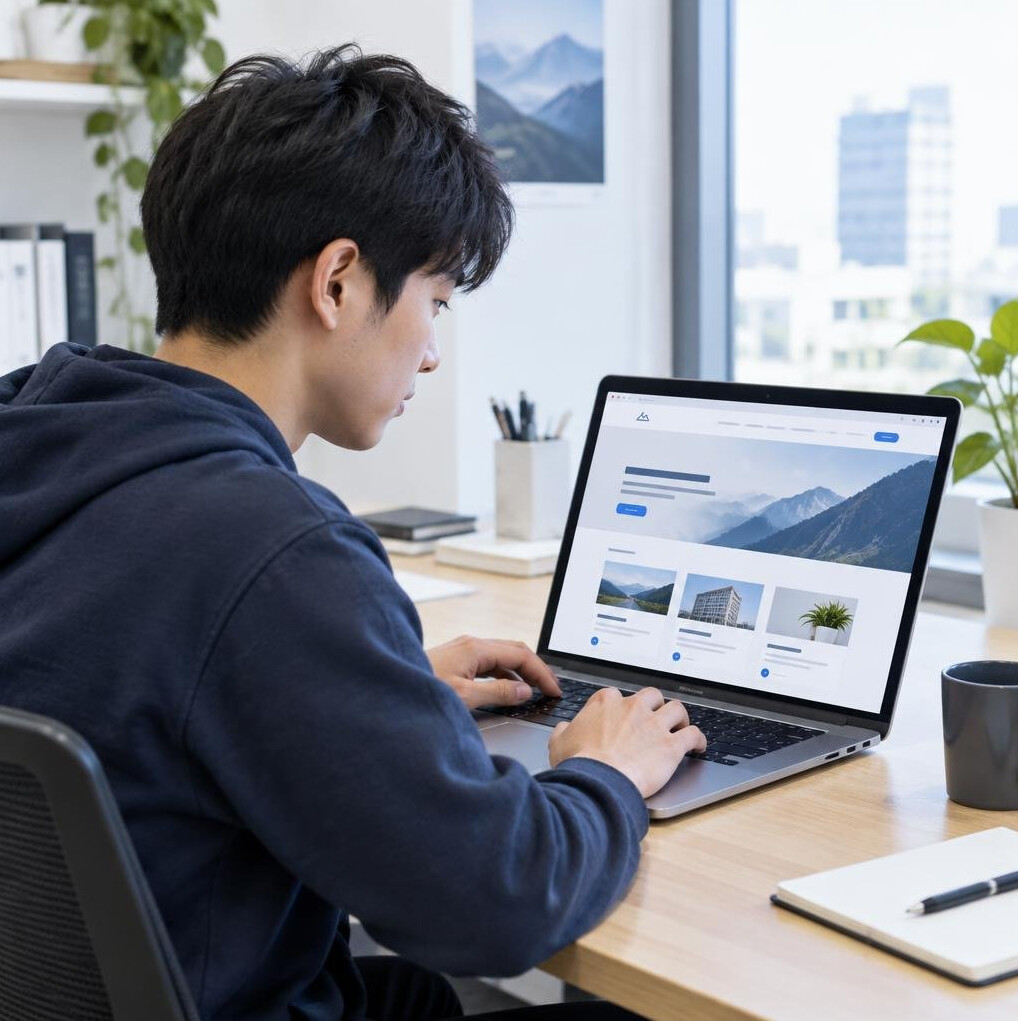 Young developer working on a web page layout on a laptop