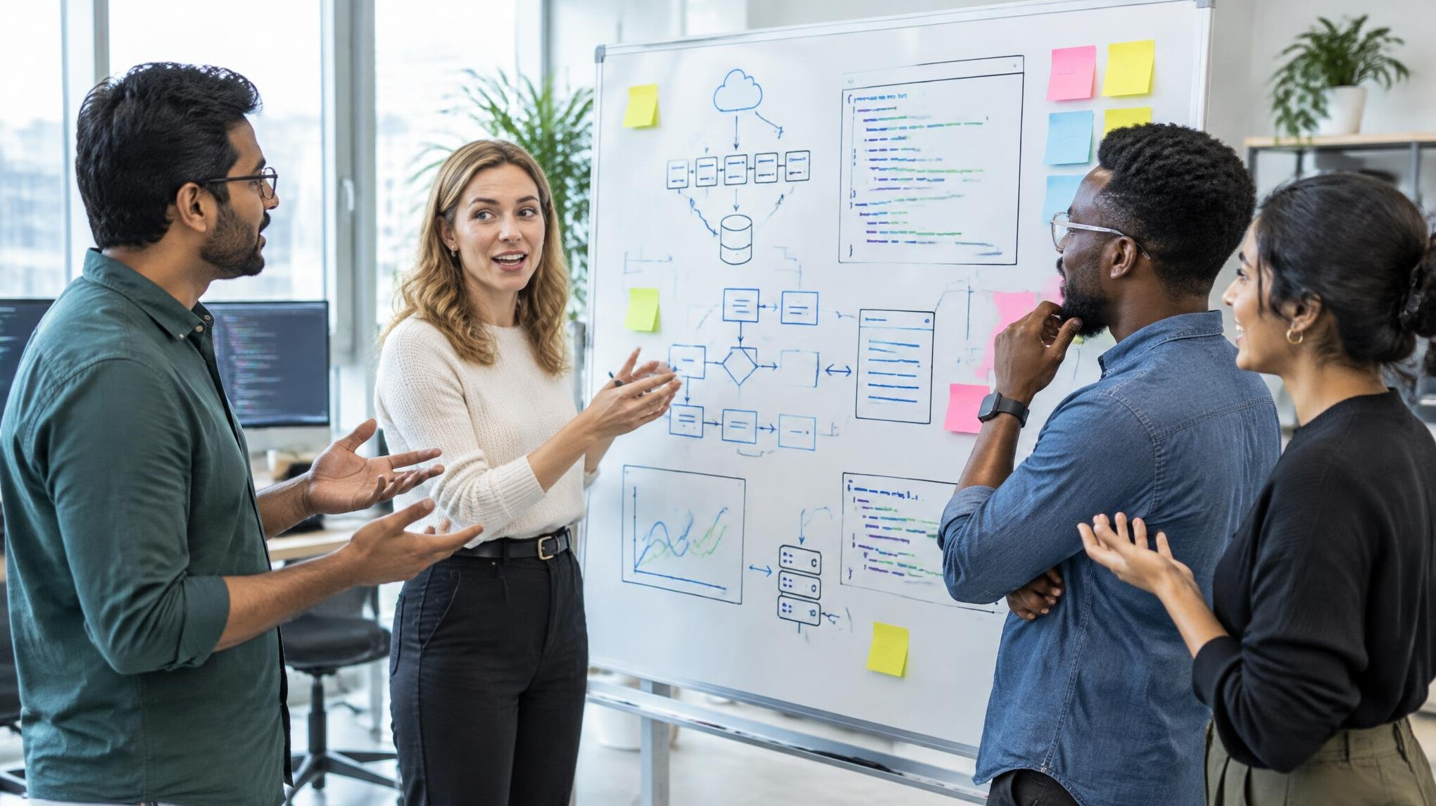 Diverse team collaborating around a whiteboard with code diagrams
