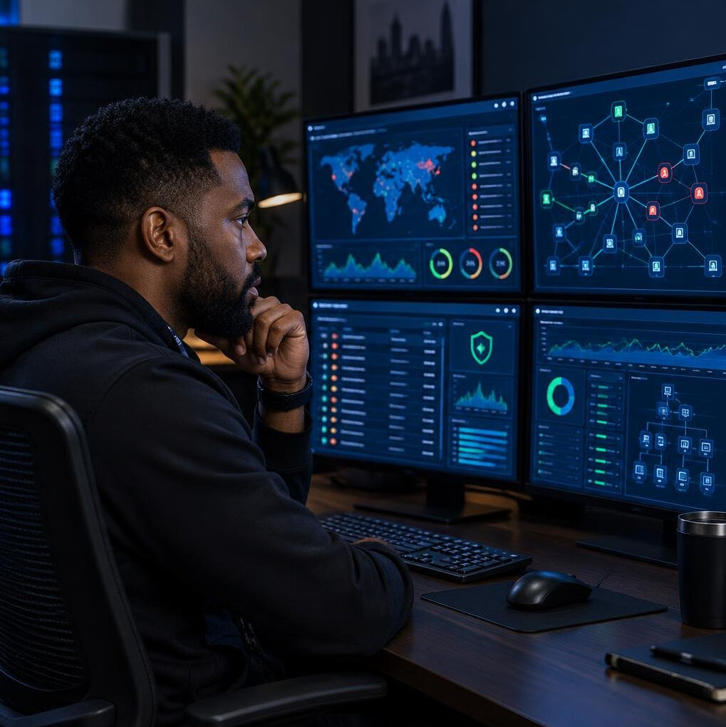 IT professional monitoring security dashboards on multiple screens